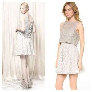 Alice + Olivia Hilta Dress Silver Sequin Layered Drape Back Lace Mini